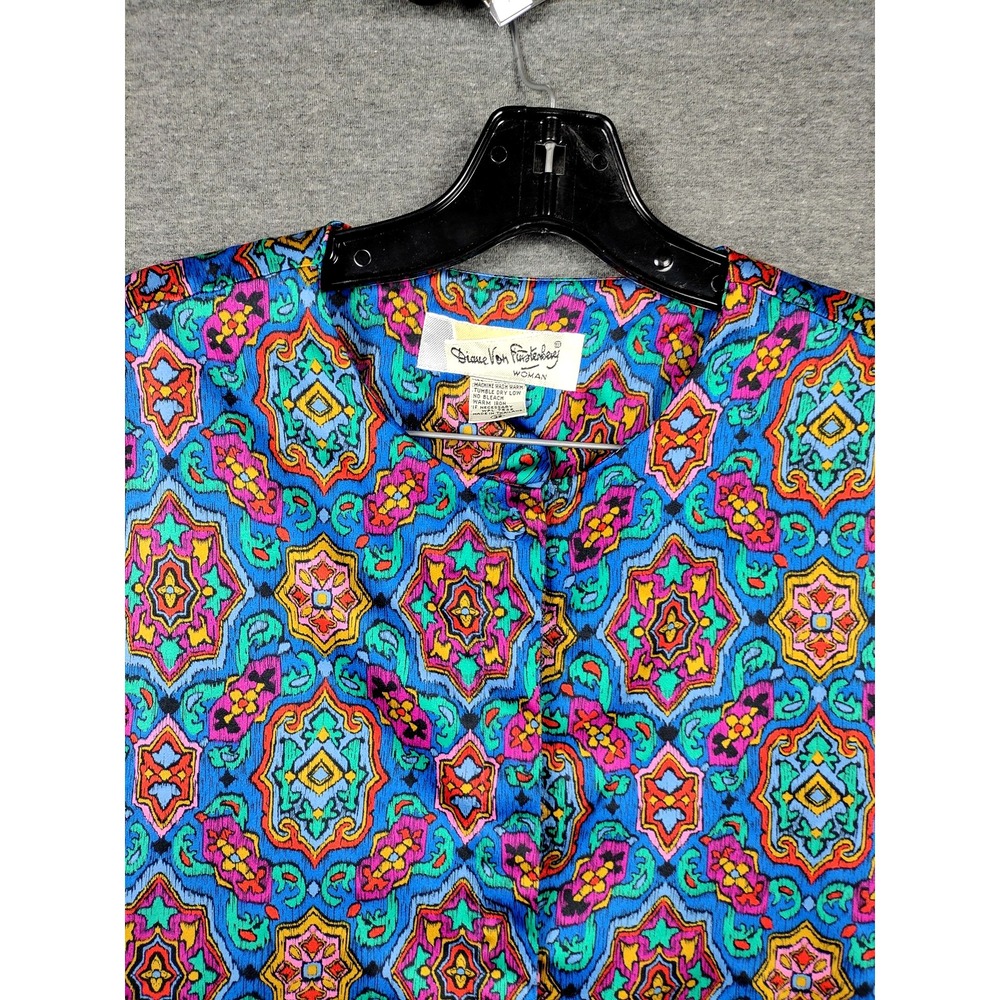 VTG Diane Von Furstenberg Shirt Womens XL Multi Mosaic Satin Jewel Stained Glass